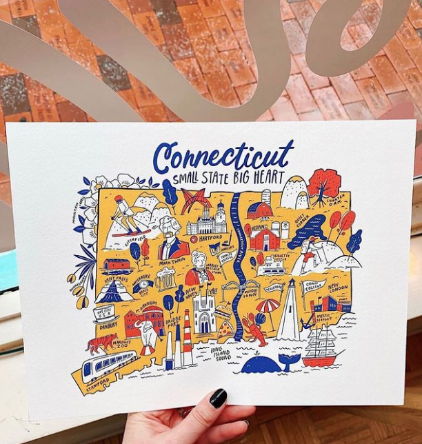 A hand holding a digitally illustrated image of Connecticut with creative icons.