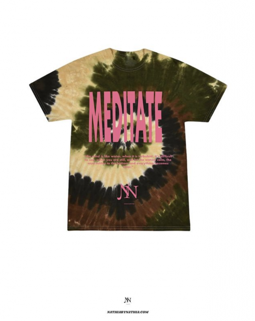 Tie-dye army colored t shirts with pink text saying "medidate"